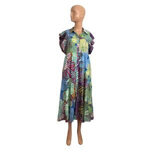 JODIFL NWT Floral Smocked Ruffle Maxi Dress S Button Down Boho Broom Feminine